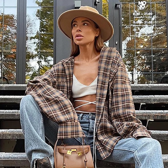 Tops - #5 LAST 1! 90s Oversized brown Plaid Flannel button Influencer soft long sleeve